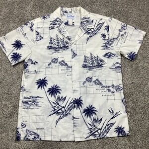 Kai Nani Hawaiian Shirt Mens Large Map White Blue‎ Islands Sailboat Aloha USA